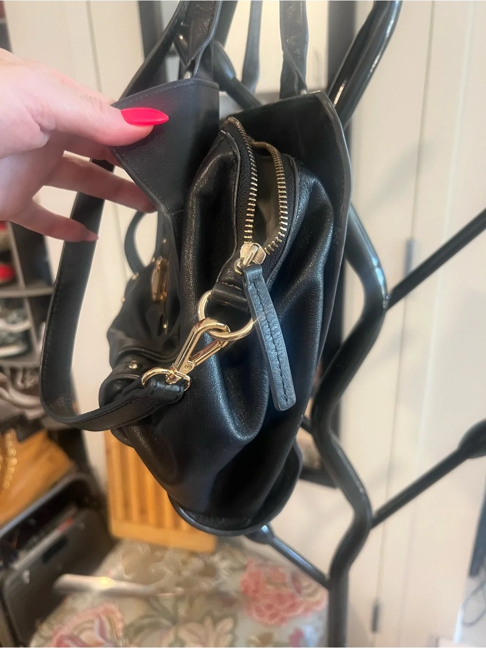 Black Leather Studded Satchel with Gold Turn-Lock